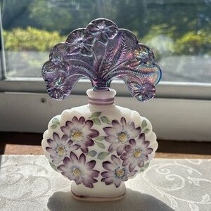 Fenton Art Glass Perfume Bottle with Purple Floral Design